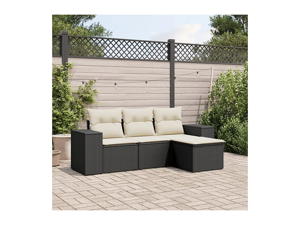 Salon de jardin 4 pcs avec coussins noir résine tressée