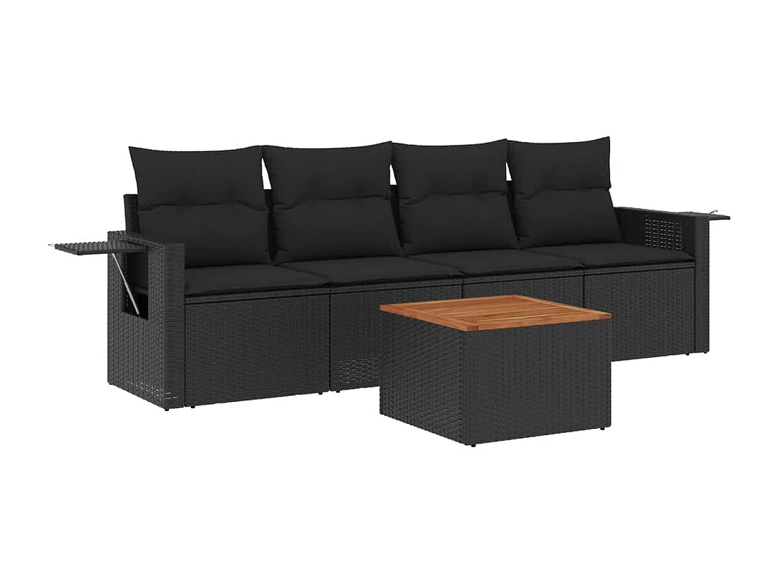 Salon de jardin 5 pcs avec coussins noir résine tressée