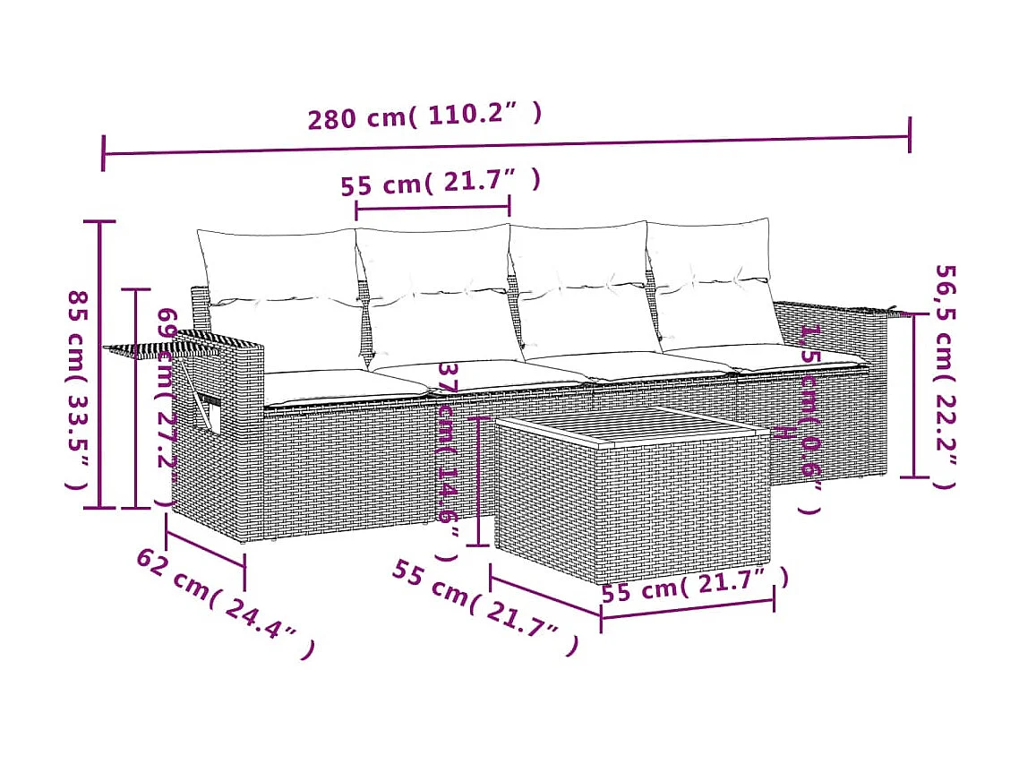 Salon de jardin 5 pcs avec coussins noir résine tressée