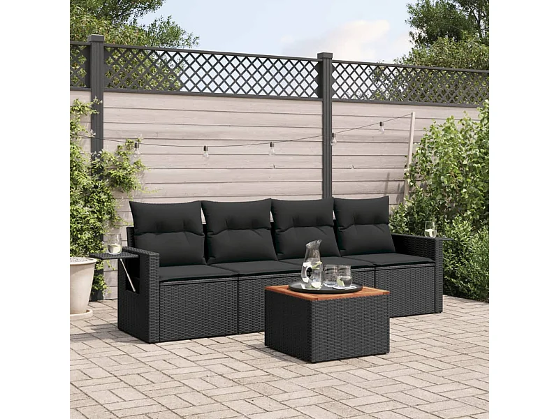 Salon de jardin 5 pcs avec coussins noir résine tressée