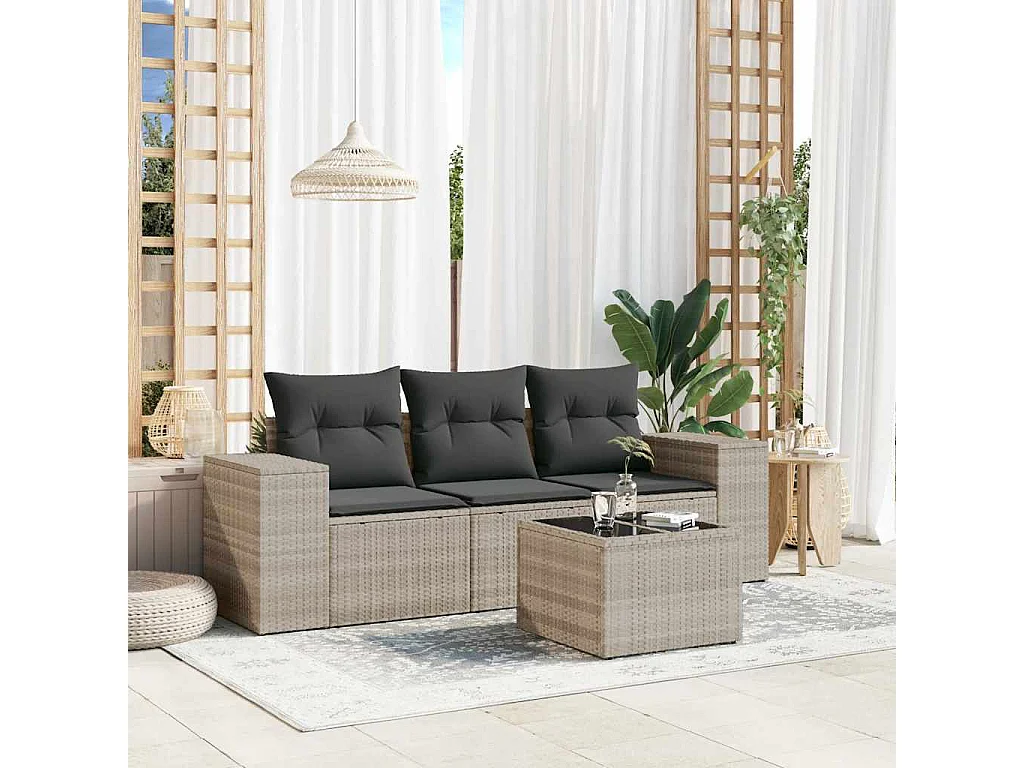 Salon de jardin 4 pcs avec coussins gris clair résine tressée