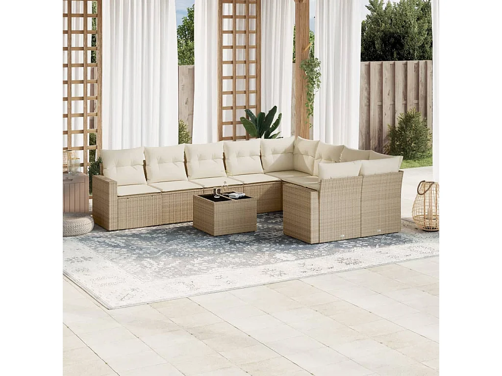 Muebles de jardín con cojines 10 piezas resina tejida beige