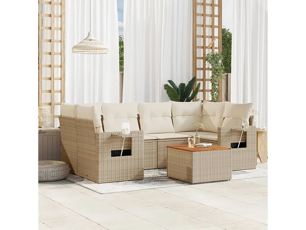 Mobile da giardino con cuscini 7 pz in resina intrecciata beige
