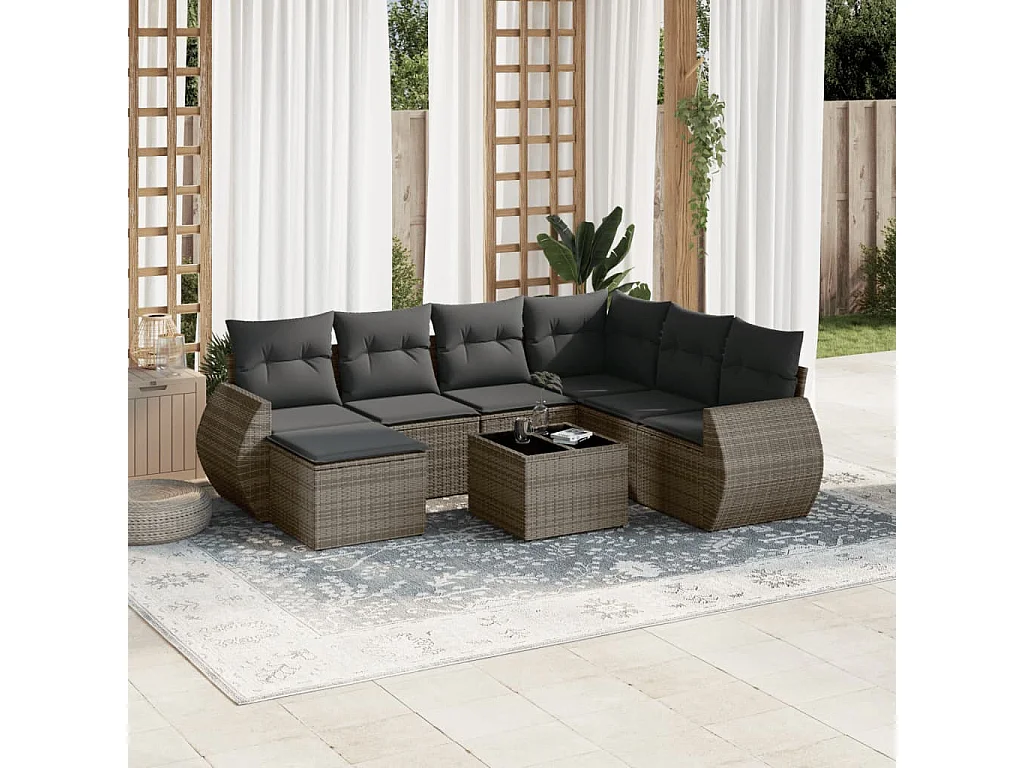 Muebles de jardín de 8 piezas con cojines de resina tejida gris.