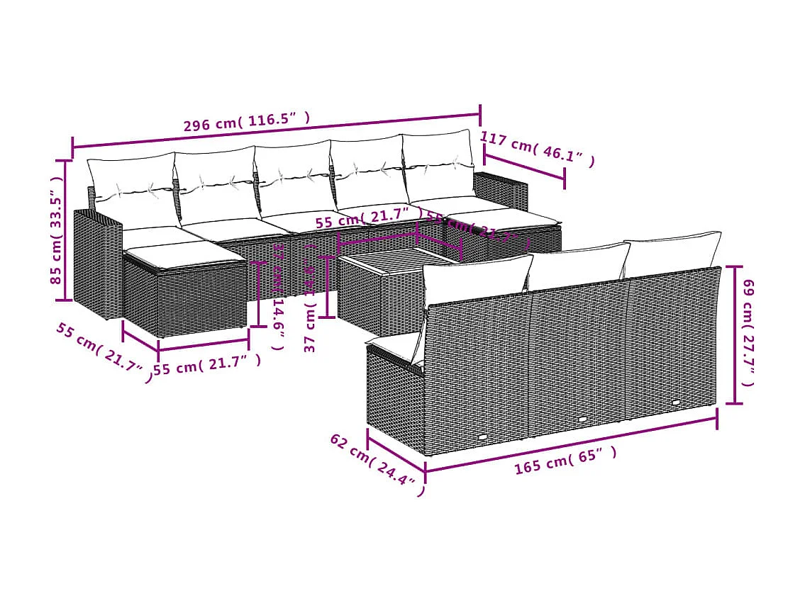 11 peças de móveis de jardim com almofadas de resina bege