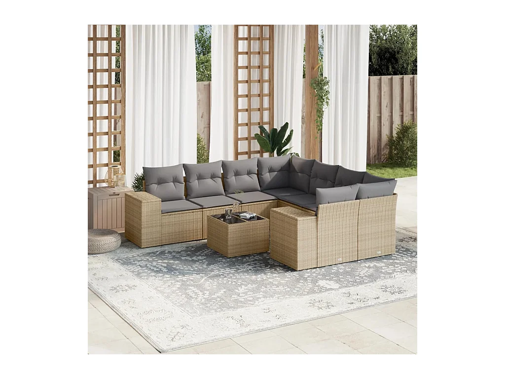 Salon de jardin avec coussins 9 pcs beige résine tressée