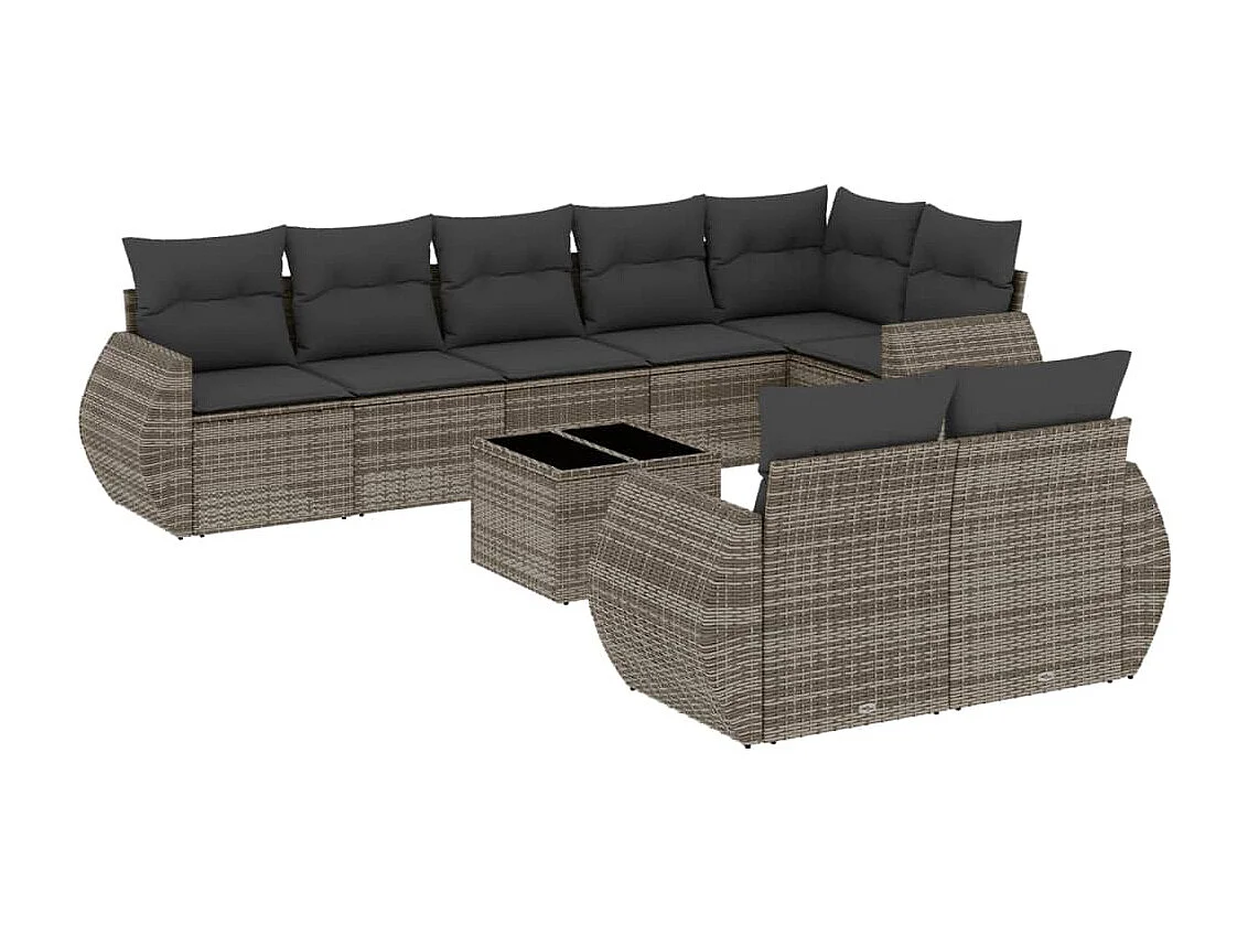 Muebles de jardín de 9 piezas con cojines de resina tejida gris.