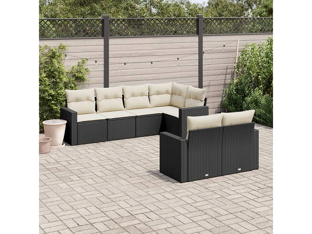 Mobili da giardino 7 pezzi con cuscini in resina intrecciata nera