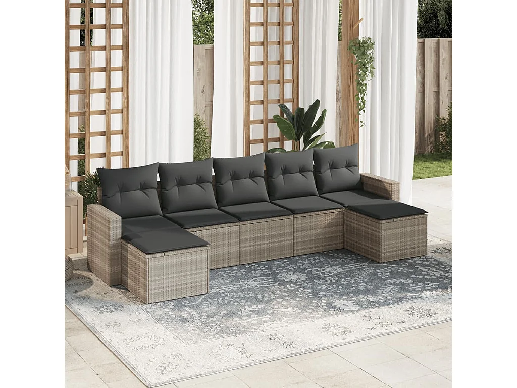Salon de jardin avec coussins 7 pcs gris clair résine tressée