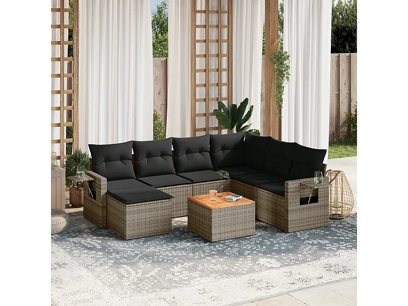 Muebles de jardín de 8 piezas con cojines de resina tejida gris.