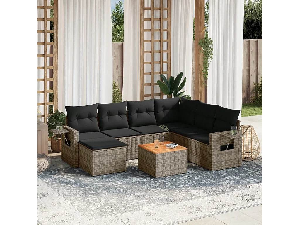 Muebles de jardín de 8 piezas con cojines de resina tejida gris.