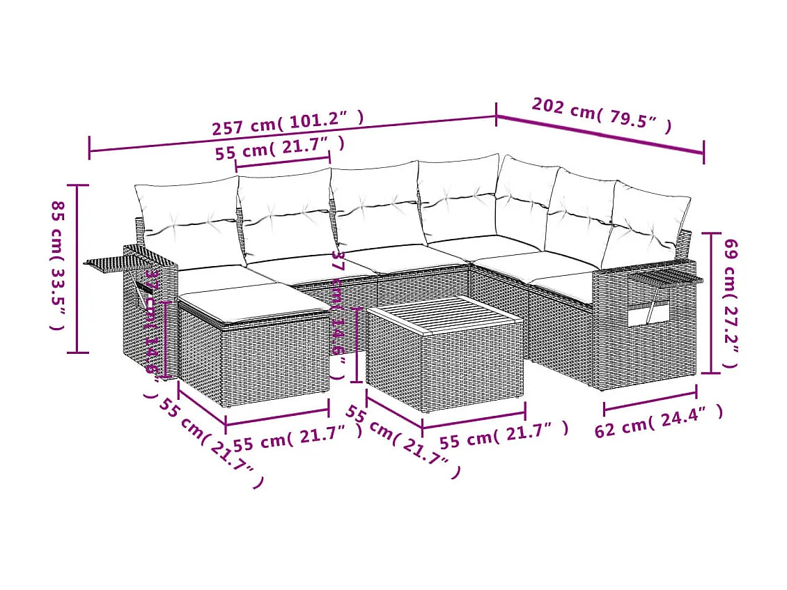 Muebles de jardín de 8 piezas con cojines de resina tejida gris.