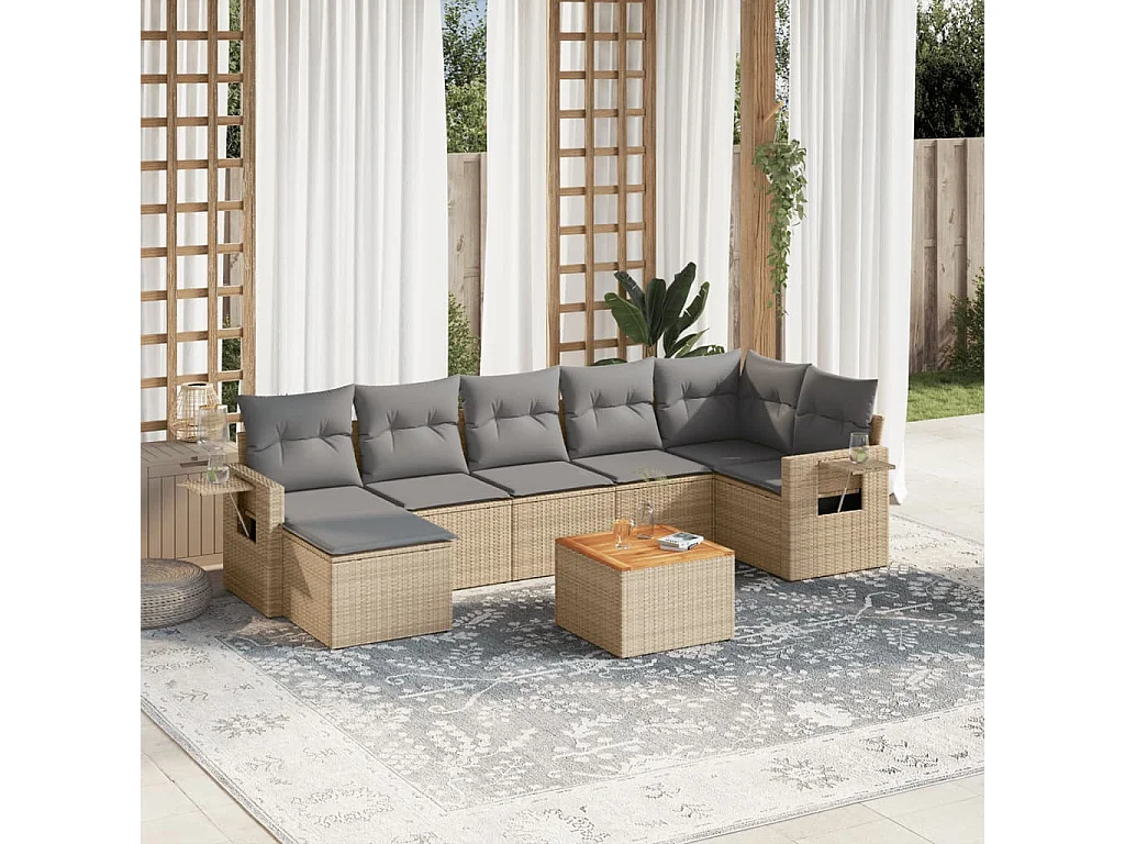 Salon de jardin avec coussins 8 pcs beige résine tressée