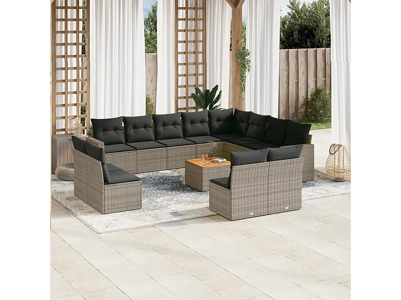 Muebles de jardín con cojines 13 piezas resina tejida gris.