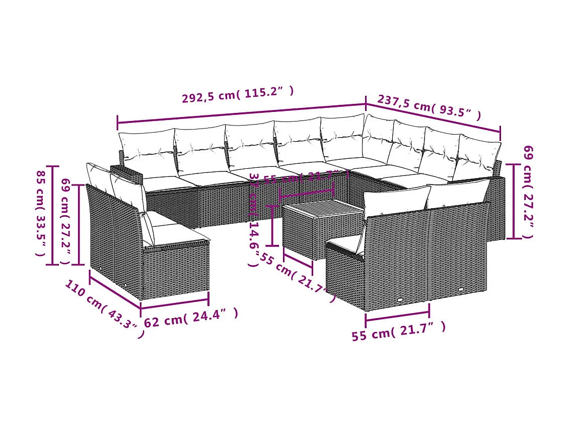 Salon de jardin avec coussins 13 pcs gris résine tressée