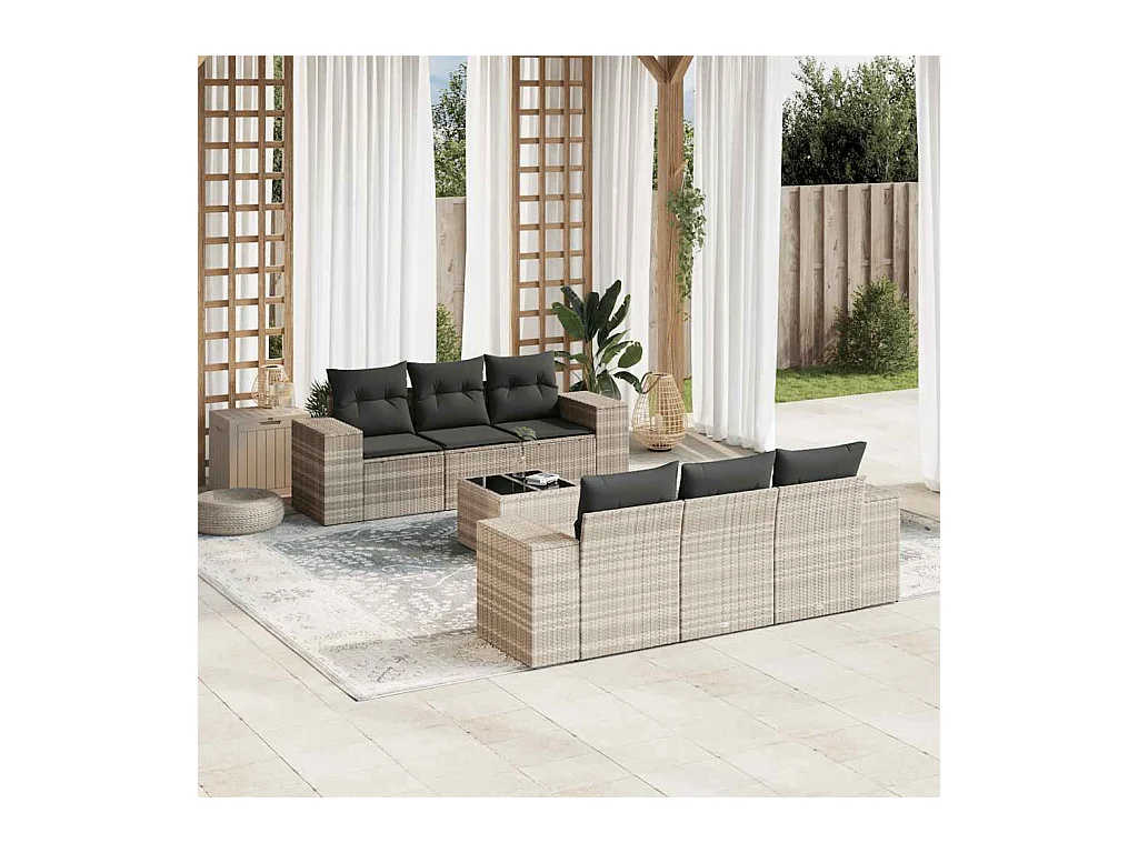 Salon de jardin avec coussins 7 pcs gris clair résine tressée