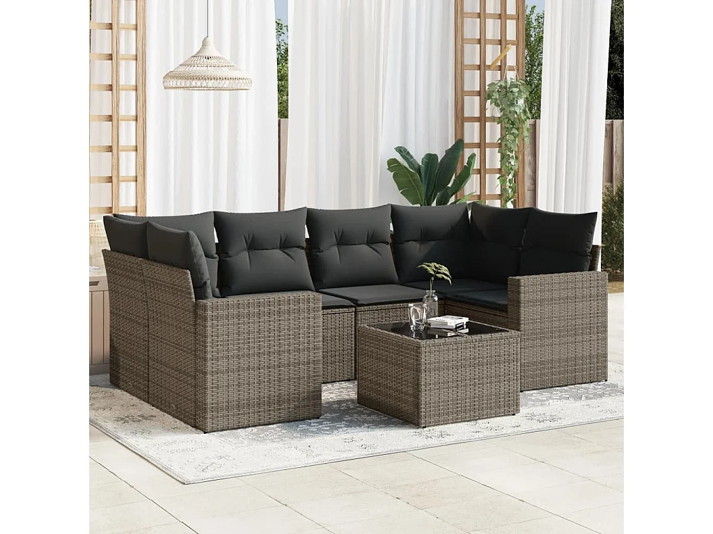 Salon de jardin avec coussins 7 pcs gris résine tressée