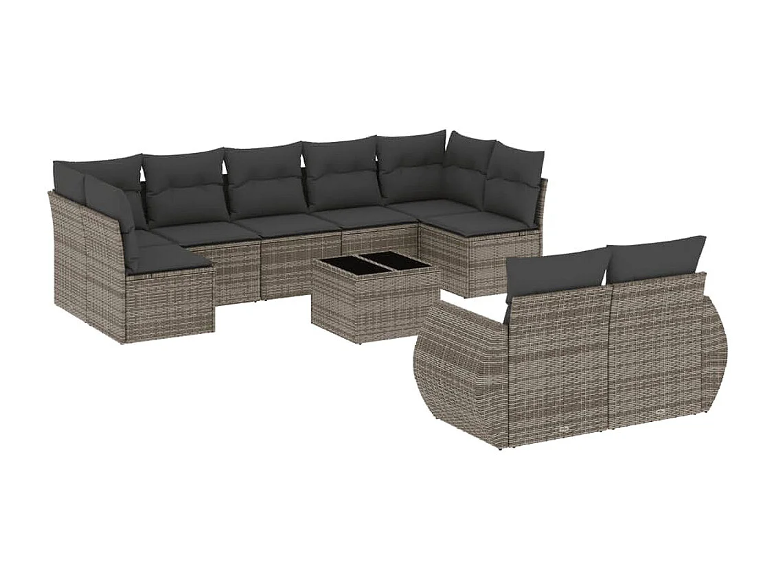 Salon de jardin avec coussins 10 pcs gris résine tressée