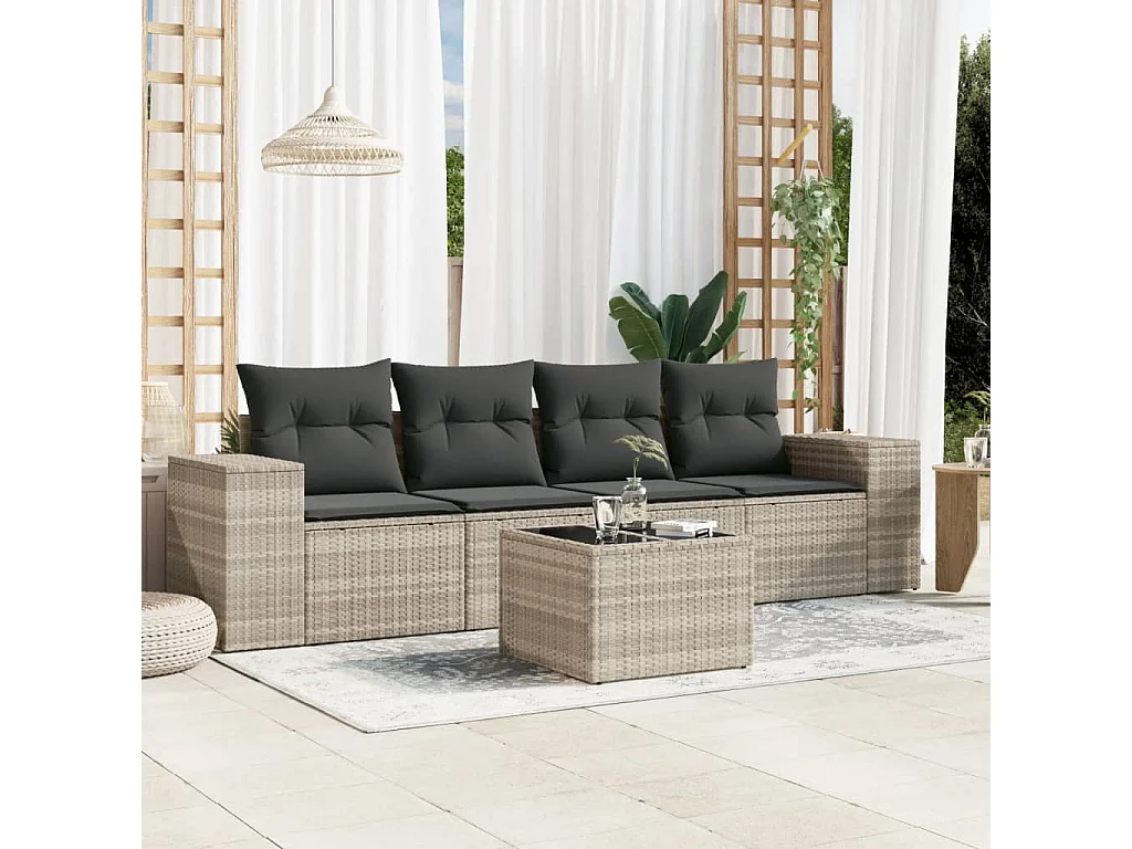 Salon de jardin 5 pcs avec coussins gris clair résine tressée