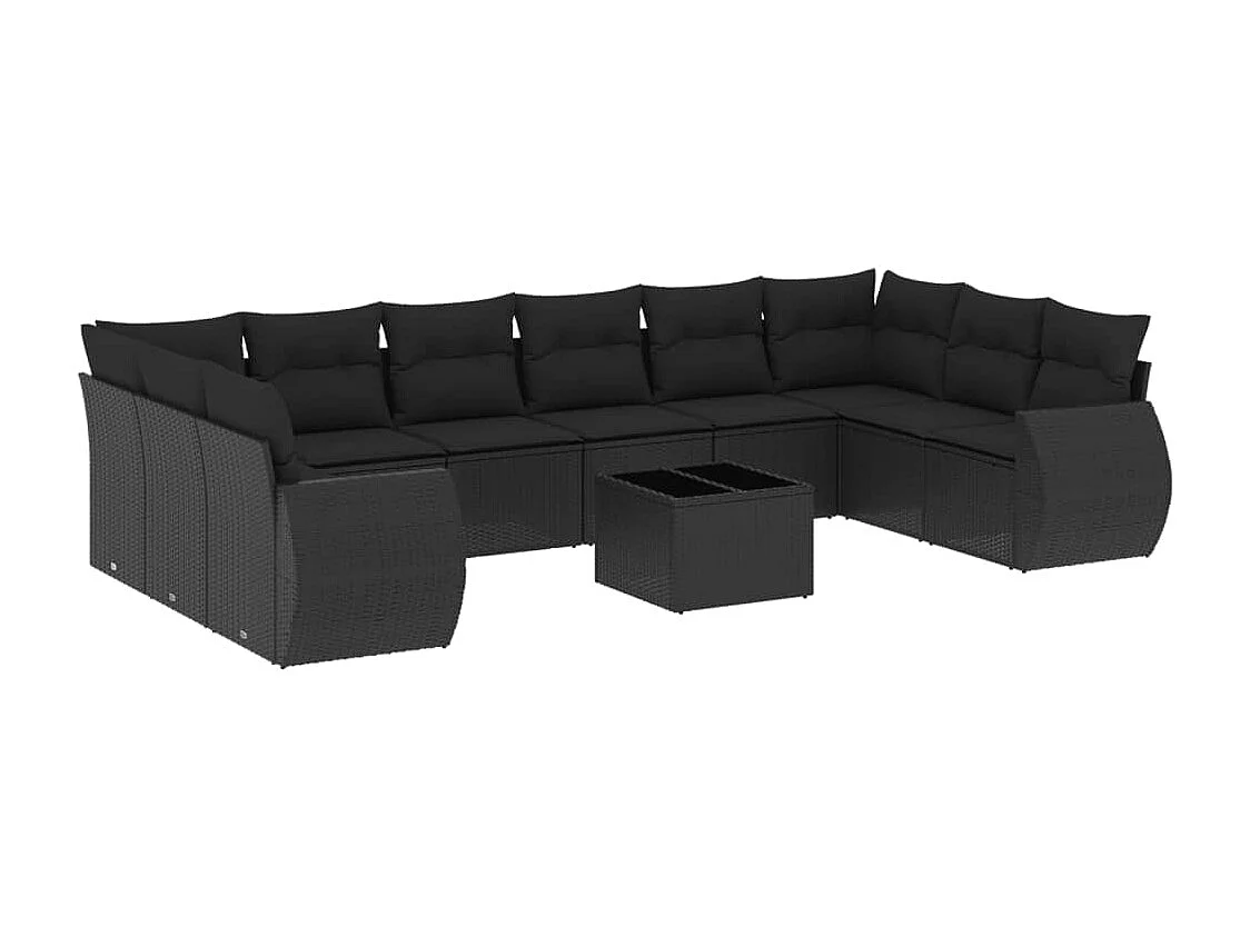 11 muebles de jardín con cojines de resina tejida en negro.