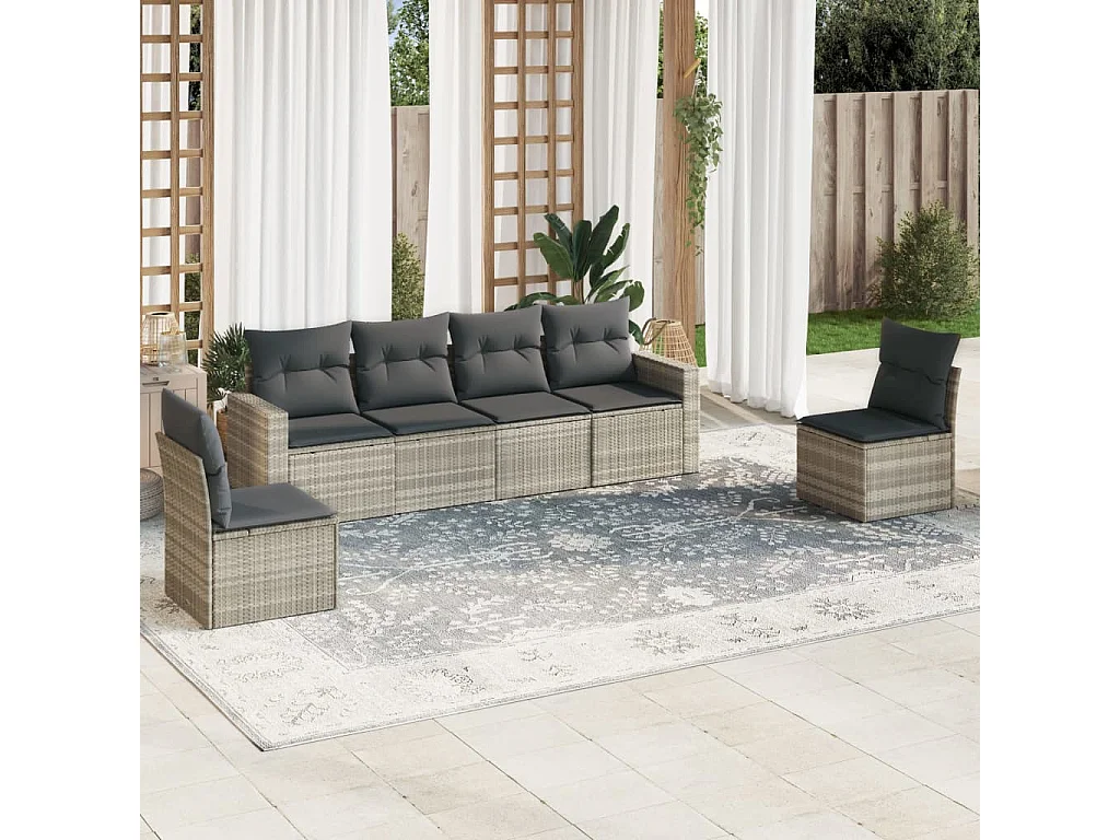 Salon de jardin 6 pcs avec coussins gris clair résine tressée