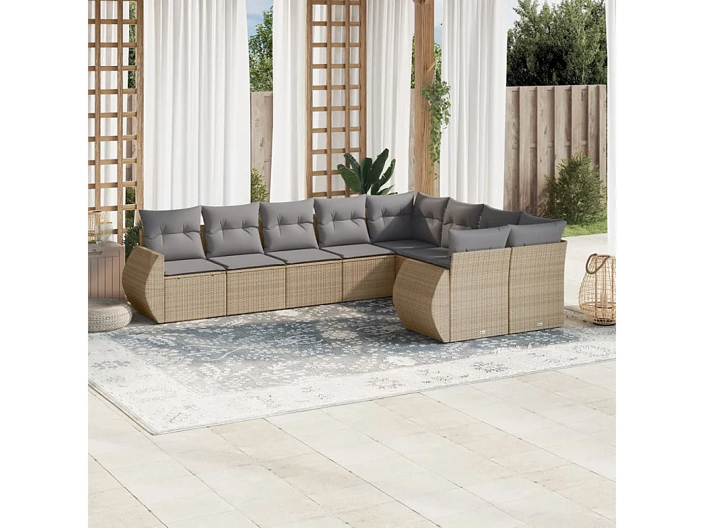 Salon de jardin avec coussins 9 pcs beige résine tressée