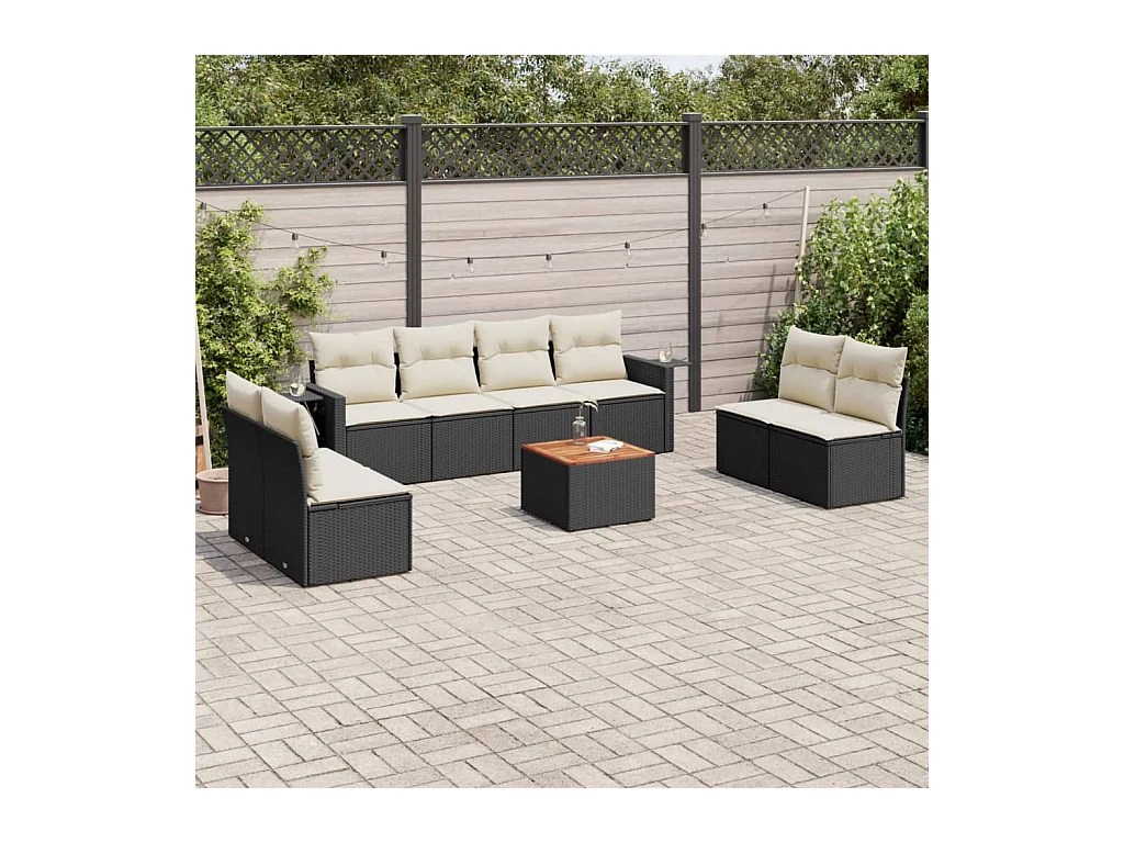 Salon de jardin 9 pcs avec coussins noir résine tressée