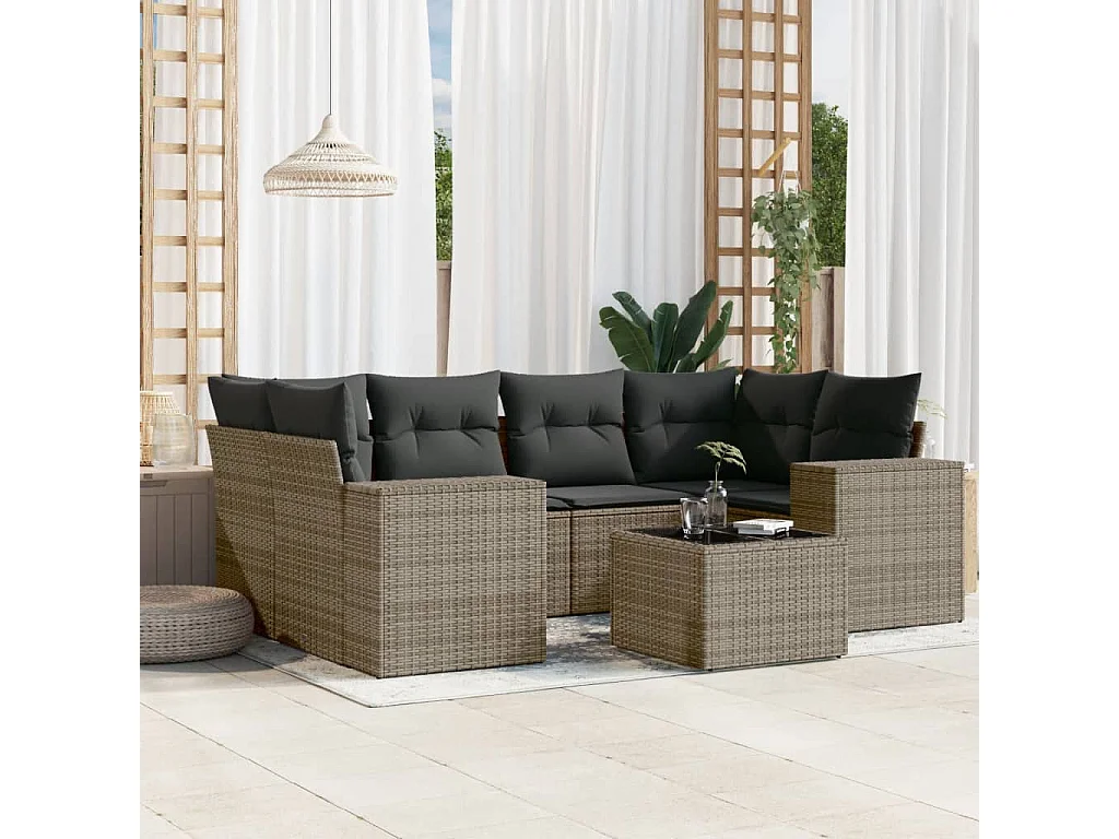 Salon de jardin avec coussins 7 pcs gris résine tressée
