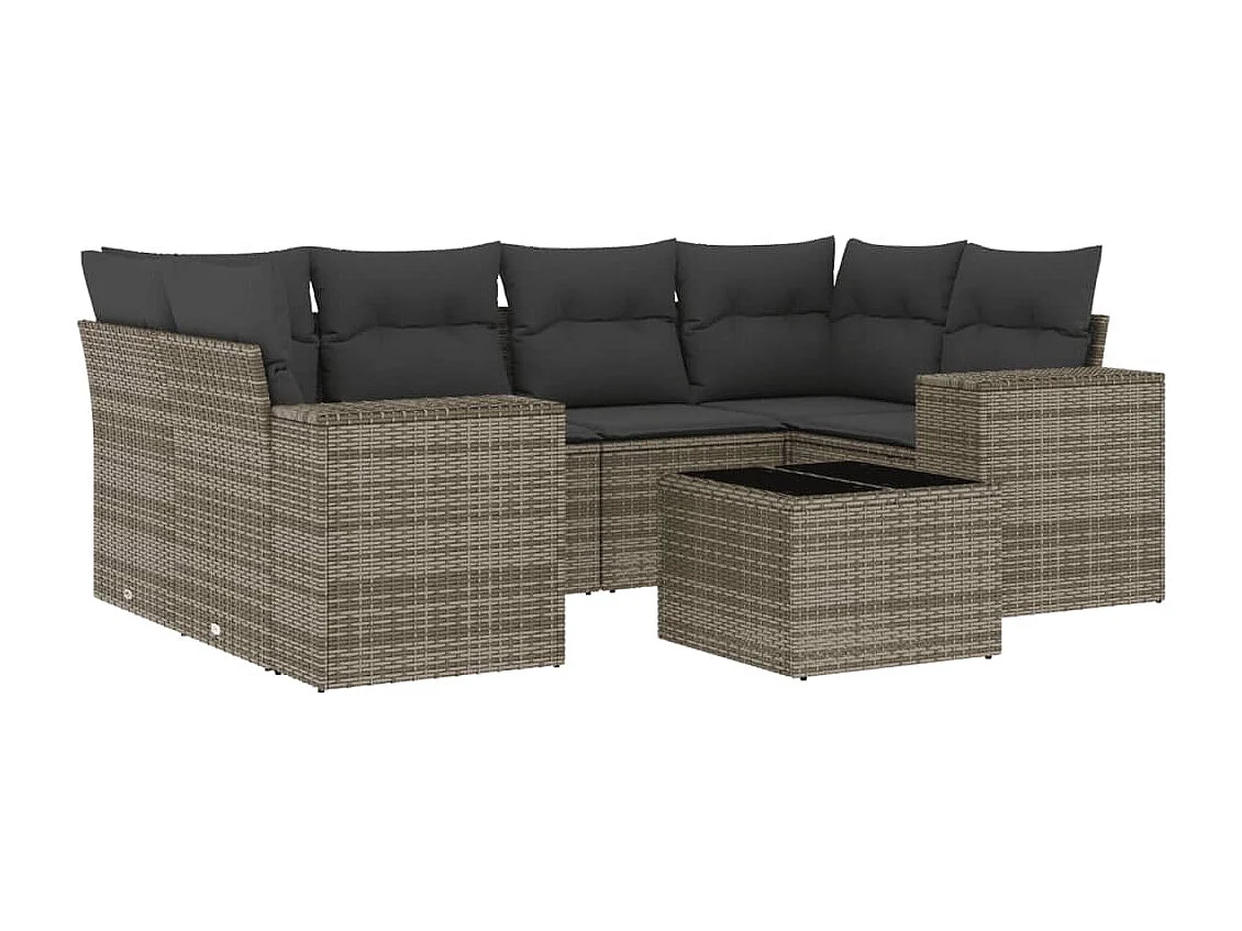 Salon de jardin avec coussins 7 pcs gris résine tressée