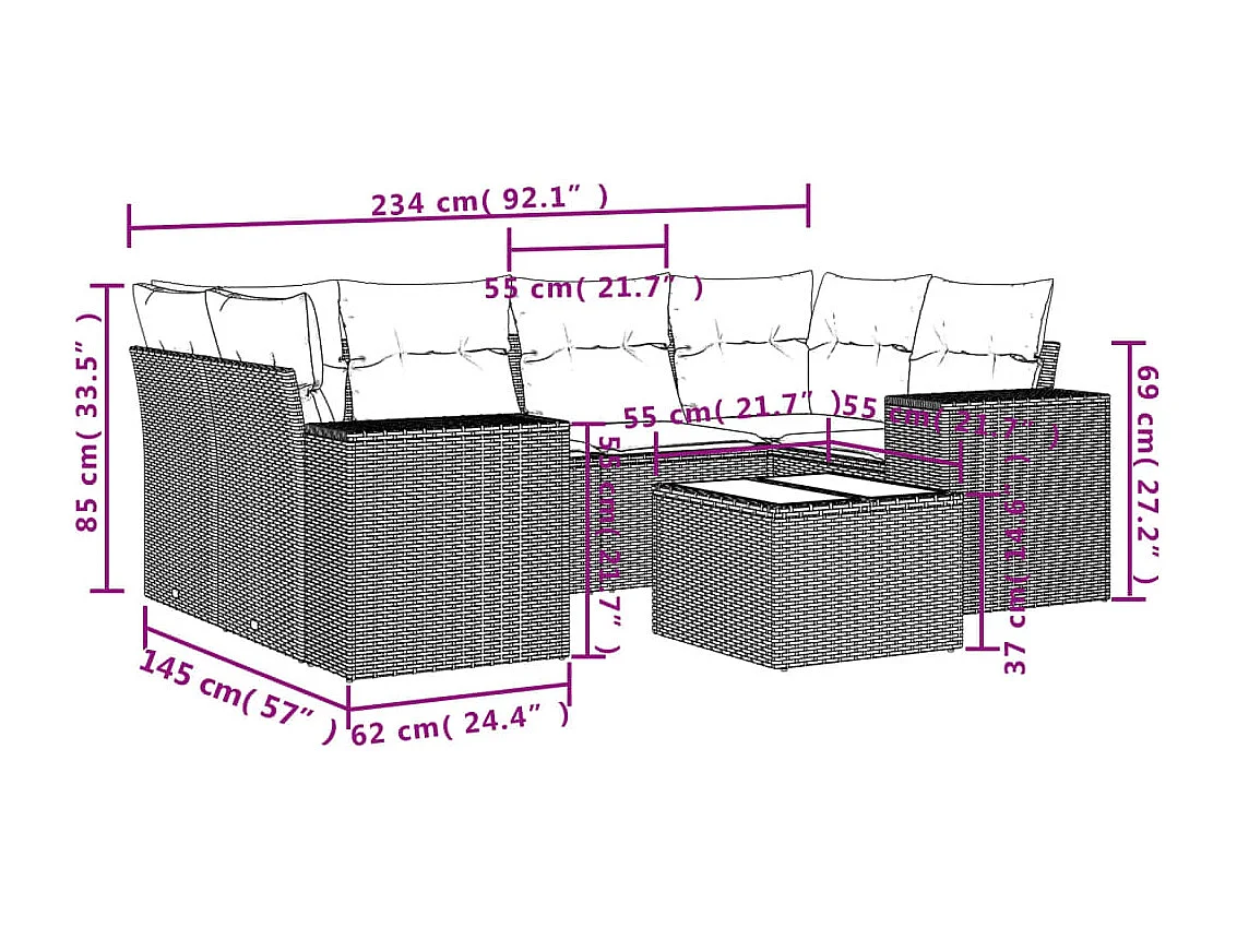 Salon de jardin avec coussins 7 pcs gris résine tressée