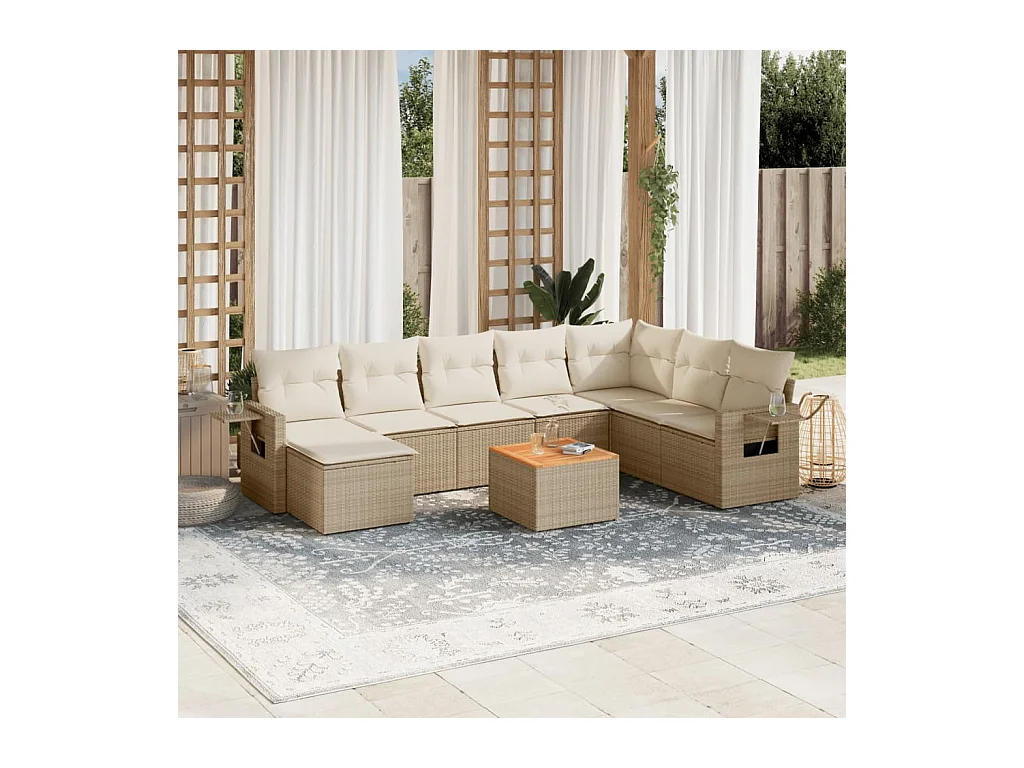 Salon de jardin avec coussins 9 pcs beige résine tressée