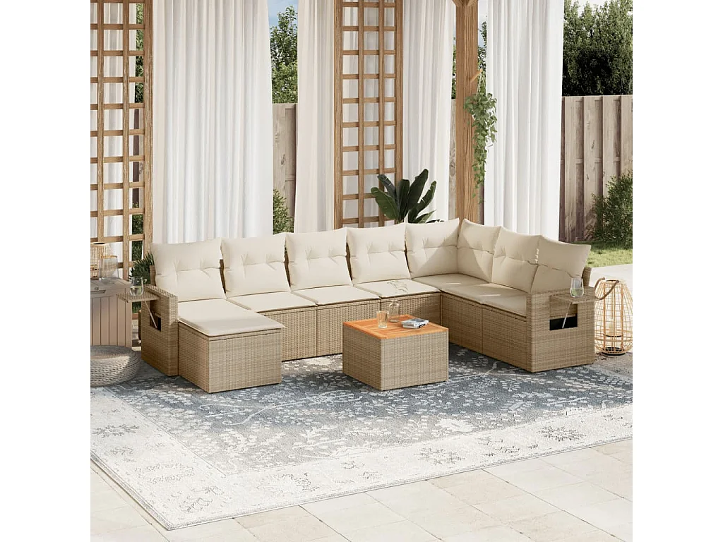 Salon de jardin avec coussins 9 pcs beige résine tressée