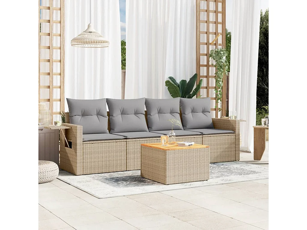 Salon de jardin avec coussins 5 pcs beige résine tressée