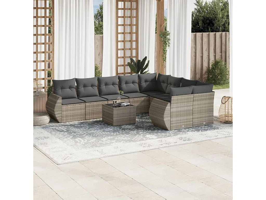 Mobile da giardino con cuscini 10 pz in resina intrecciata grigio chiaro