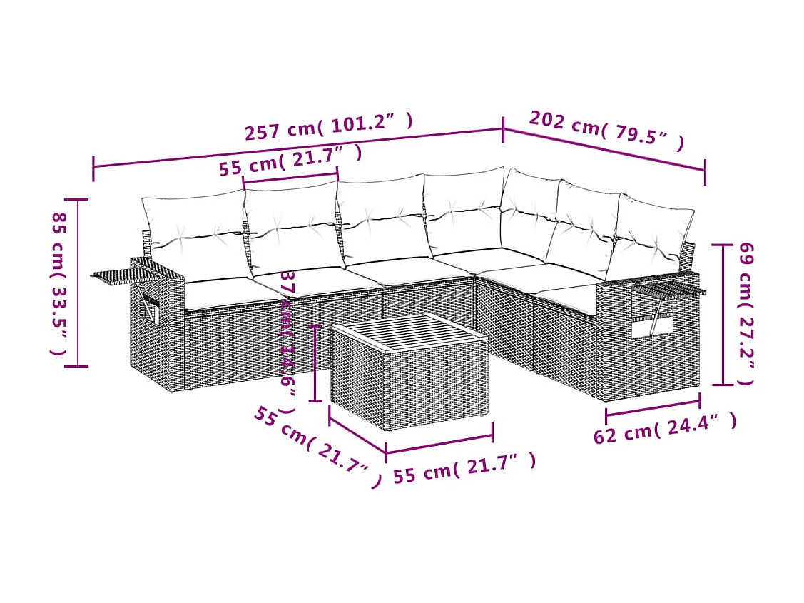 Mobili da giardino 7 pezzi con cuscini in resina intrecciata nera