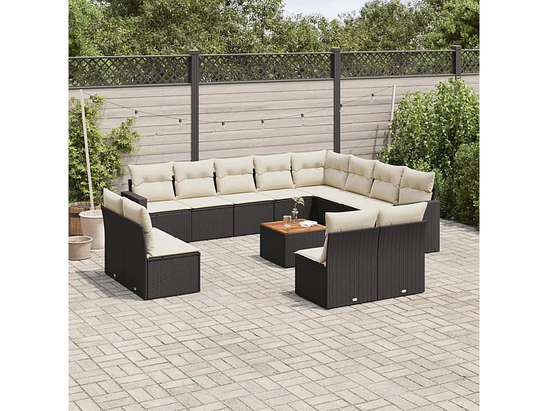 Salon de jardin avec coussins 13 pcs noir résine tressée