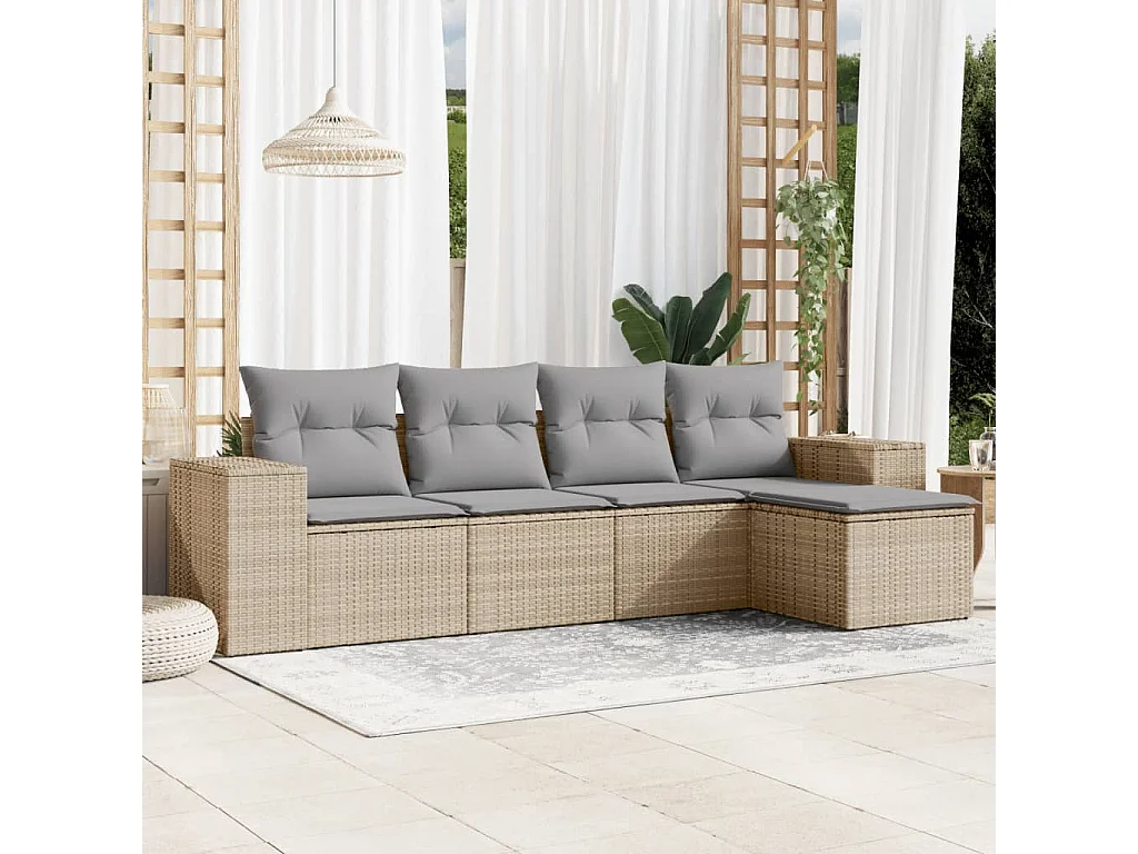 Mobile da giardino con cuscini 5 pz in resina intrecciata beige