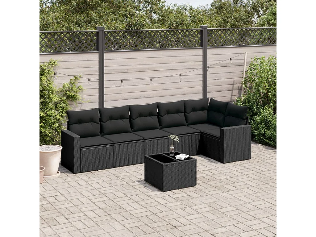 Mobili da giardino 7 pezzi con cuscini in resina intrecciata nera