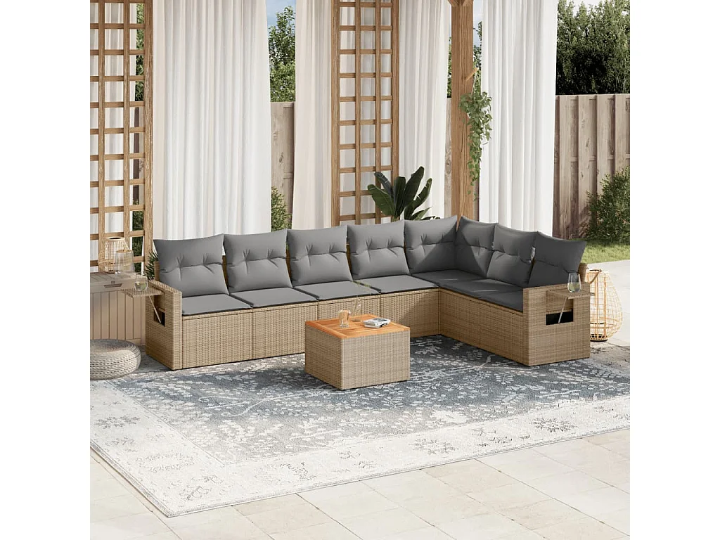 Salon de jardin avec coussins 8 pcs beige résine tressée
