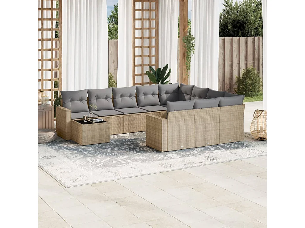 Mobili da giardino 11 pezzi con cuscini in resina intrecciata beige