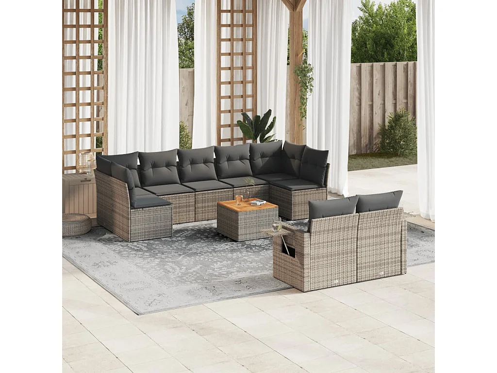 Salon de jardin avec coussins 10 pcs gris résine tressée