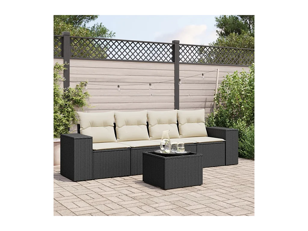 Salon de jardin 5 pcs avec coussins noir résine tressée