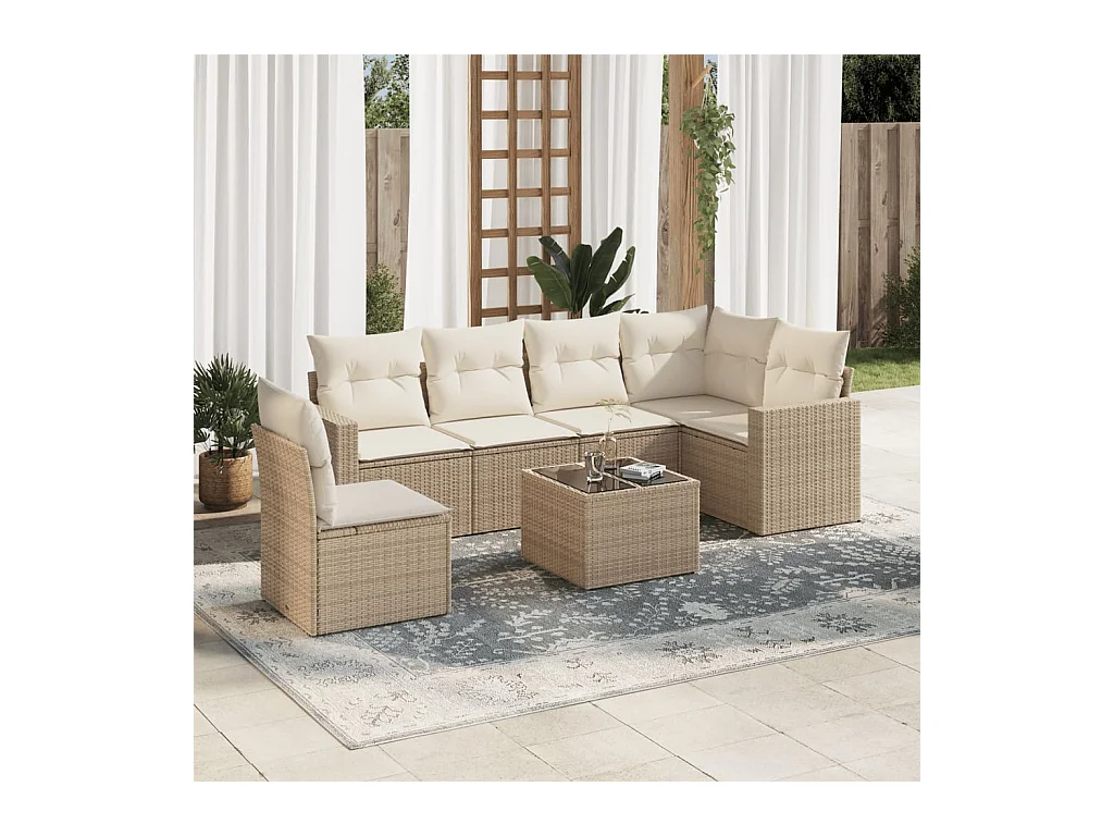 Salon de jardin avec coussins 7 pcs beige résine tressée