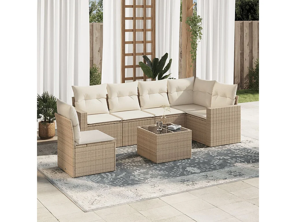 Salon de jardin avec coussins 7 pcs beige résine tressée