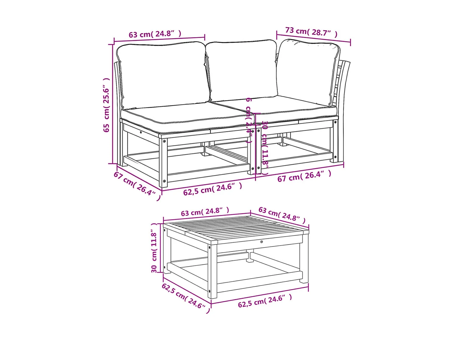 Salon de jardin avec coussins 9 pcs bois massif d'acacia