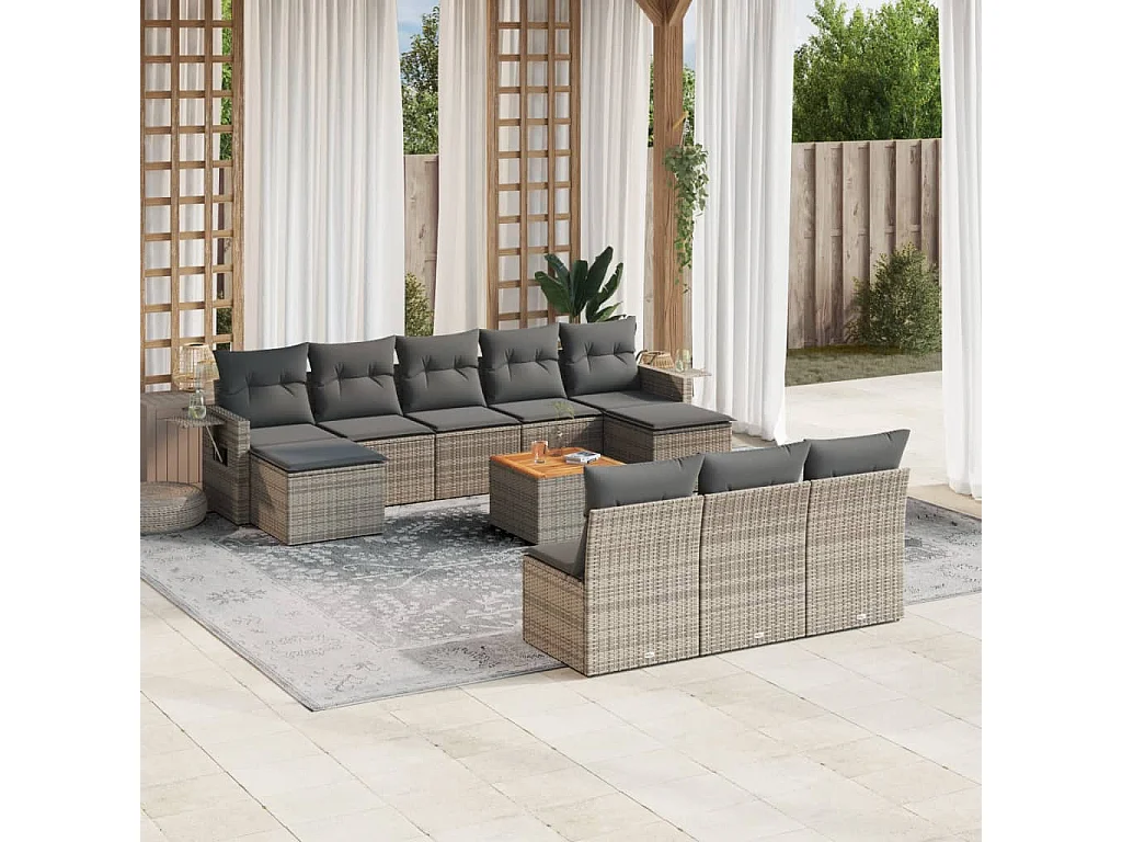 Salon de jardin 11 pcs avec coussins gris résine tressée