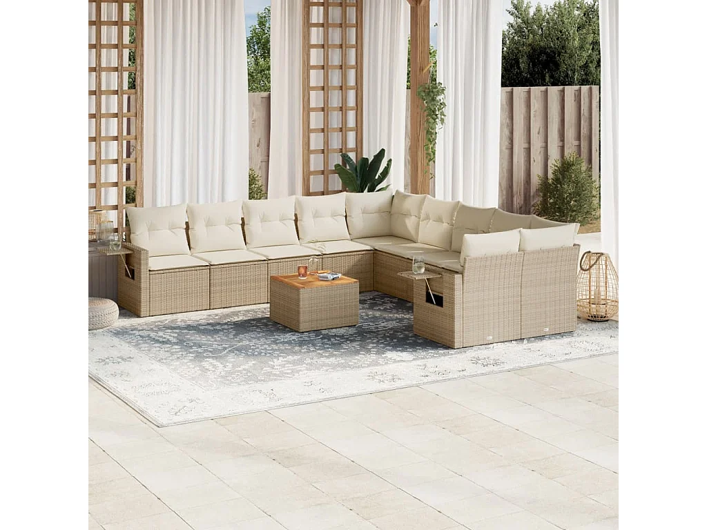 Salon de jardin 11 pcs avec coussins beige résine tressée
