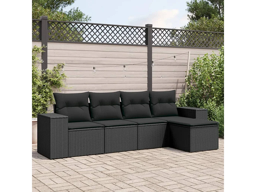 Salon de jardin 5 pcs avec coussins noir résine tressée