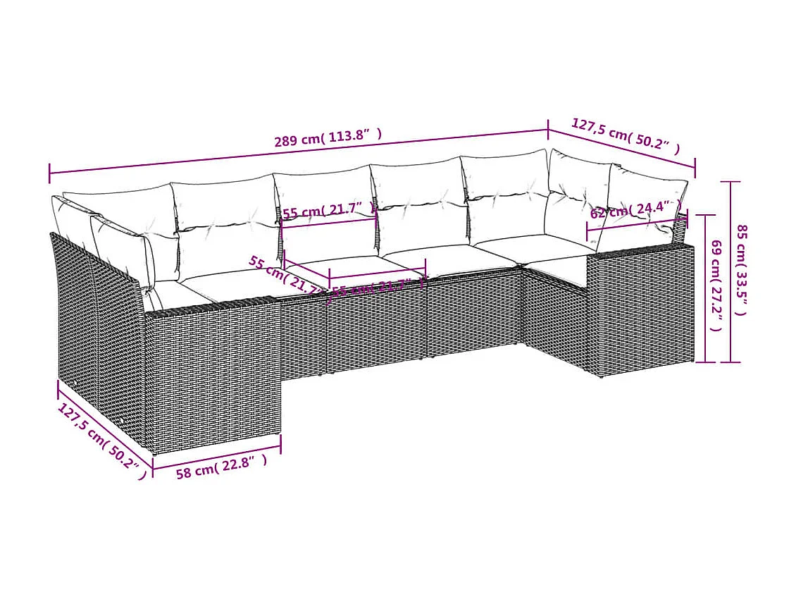 Mobili da giardino 7 pezzi con cuscini in resina intrecciata nera