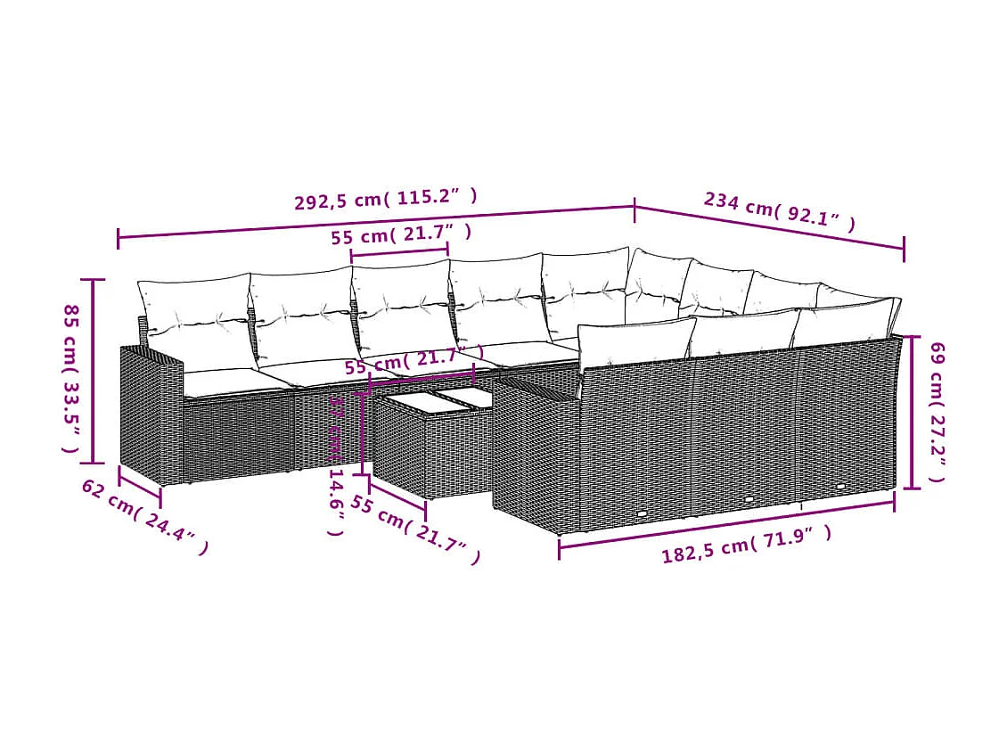 Salon de jardin 11 pcs avec coussins gris résine tressée